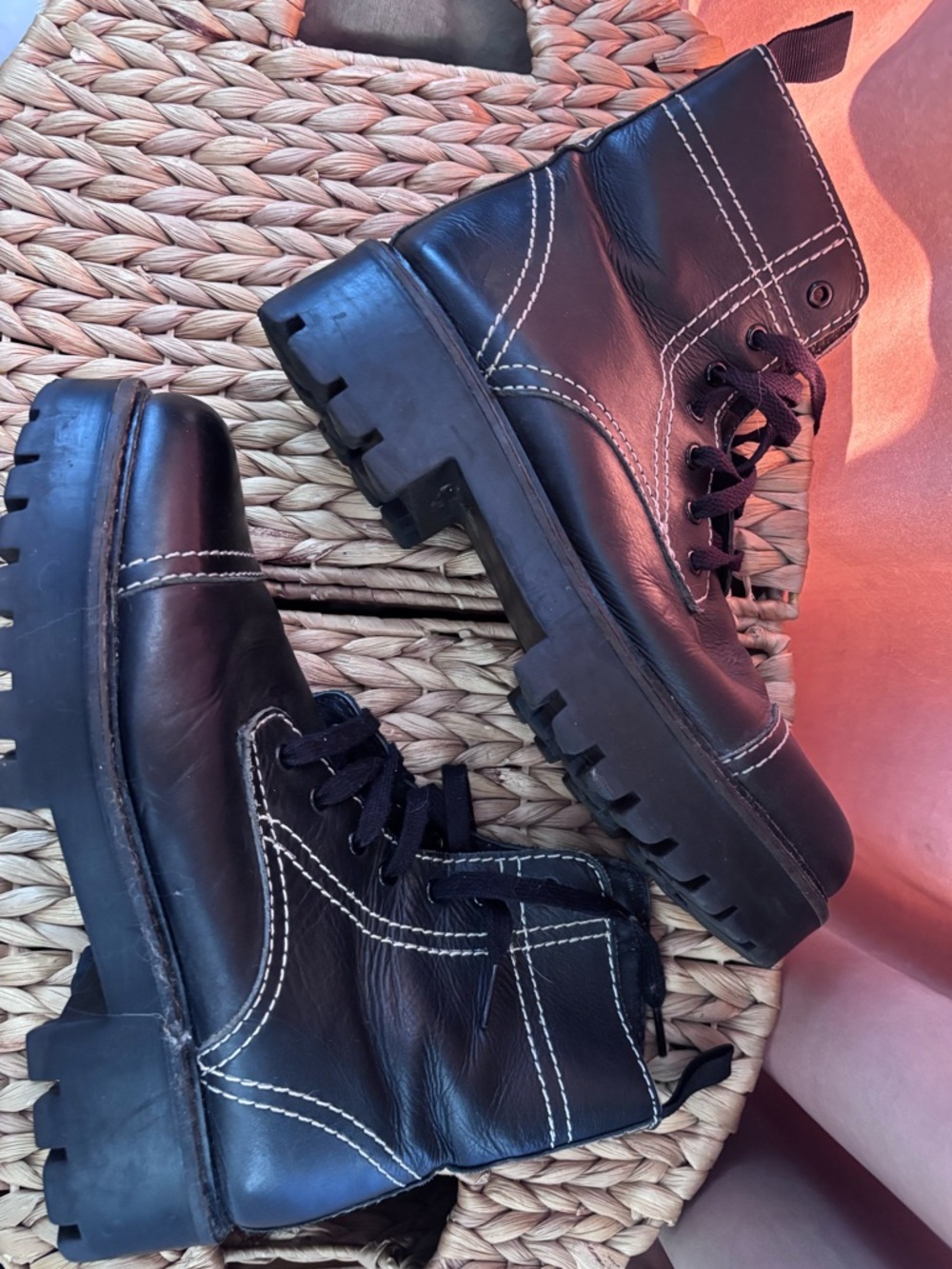 Urban Outfitters Black Lace-Up Chunky Stitch Boots LEATHER
